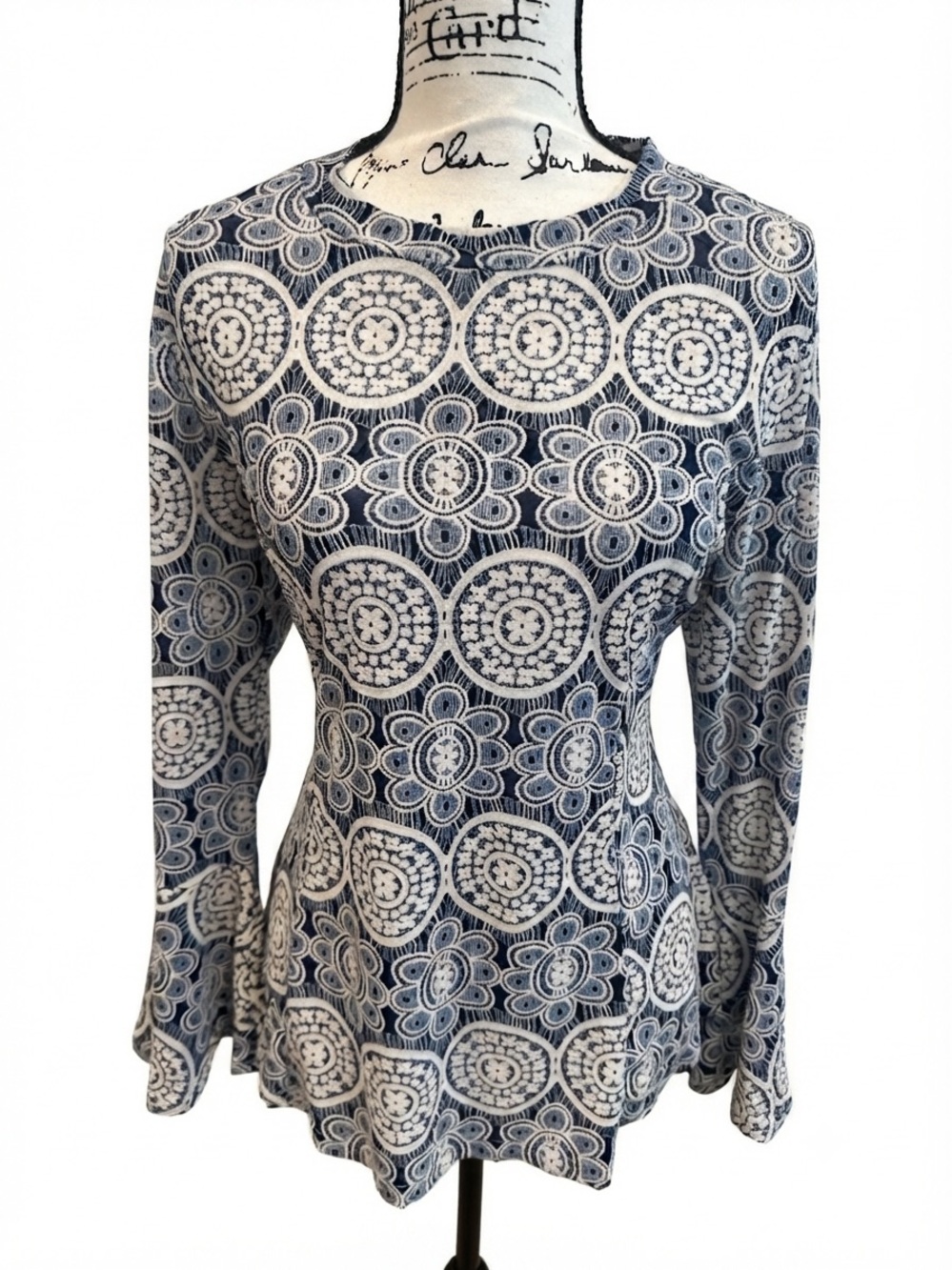 Papillon Blanc Navy and White Long-Sleeve- SHEERNESS. GORGEOUS CUT. XL